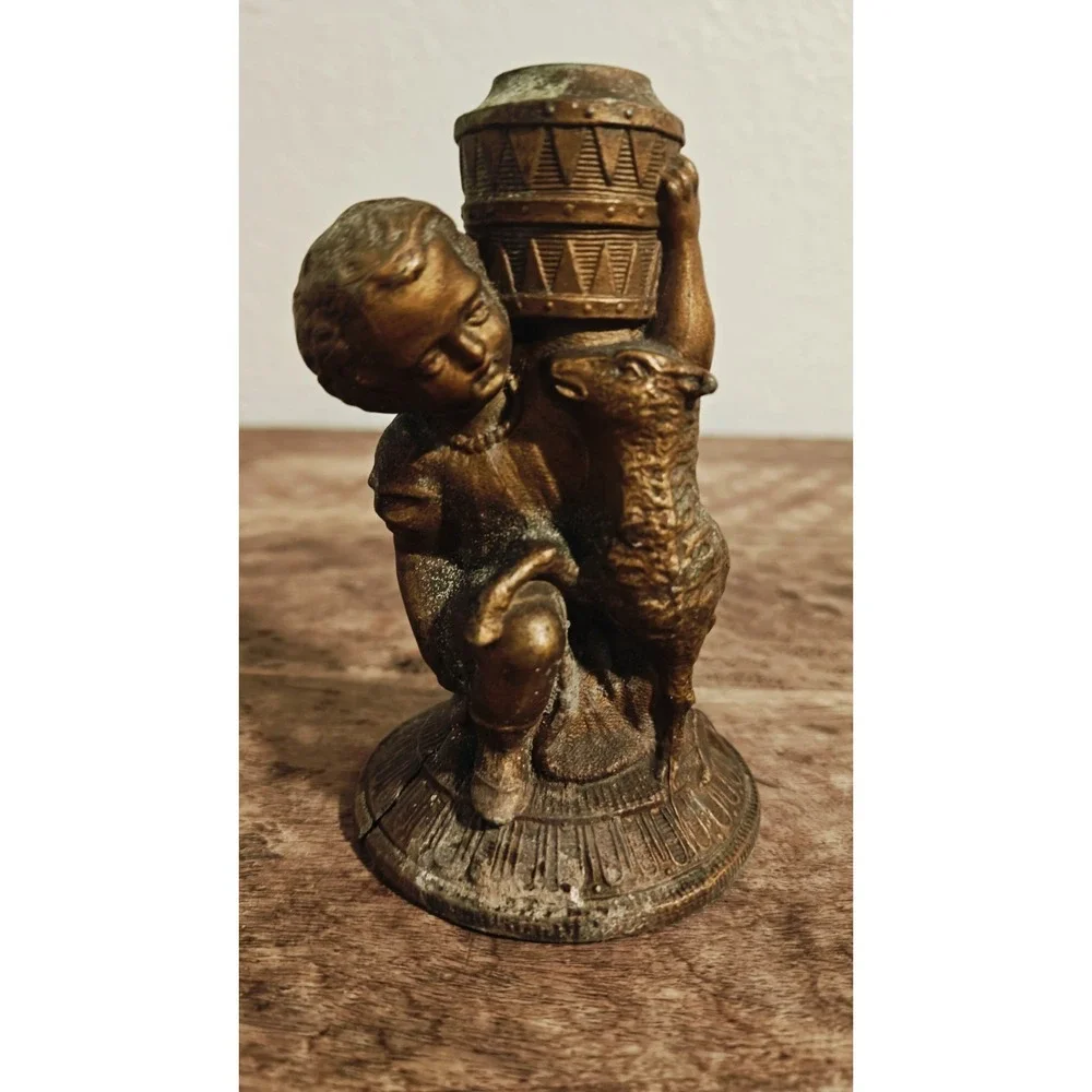 ANTIQUE ART NOUVEAU‎ OIL LAMP Base  BRONZE FIGURAL Child WITH SHEEP BUST